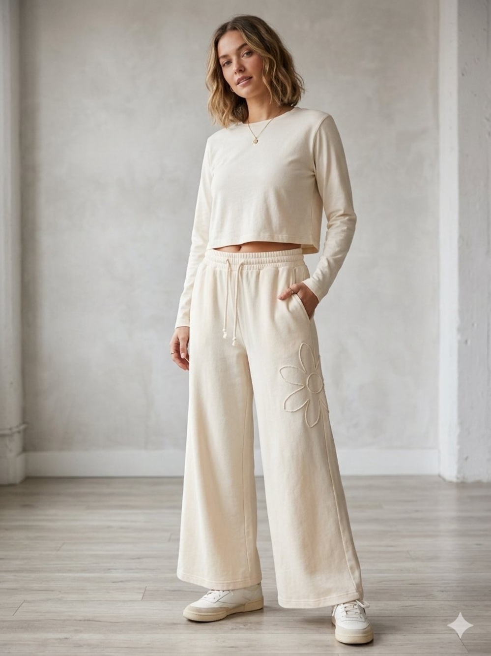 easel | NWT Cream Wide-Leg Drawstring Pants with Daisy Appliqué Sz L